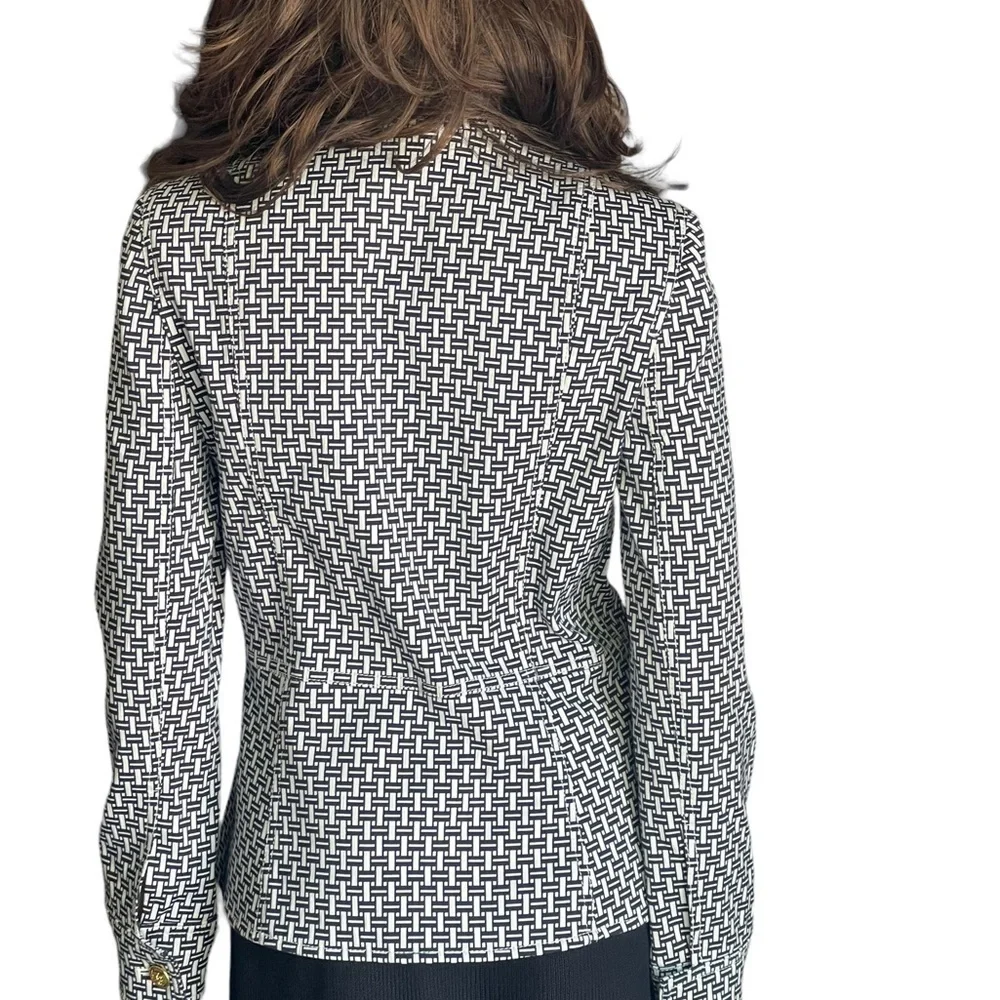 Tory Burch Cameron Crosshatch-print Jacket IvoryNavy with a Mandarin Collar SZ 2